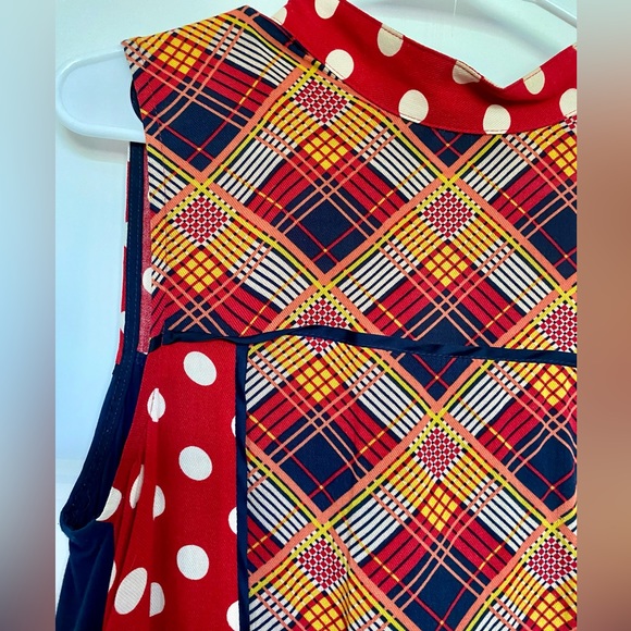 ANTHROPOLOGIE top, mixed fabric, satin ribbon details, red polka dot, navy. - Picture 3 of 10
